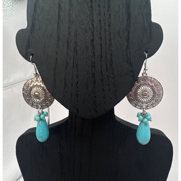 2/$24 Silver Boho Style Dangle Earrings With Turquoise Teardrop Beads - Picture 3 of 5